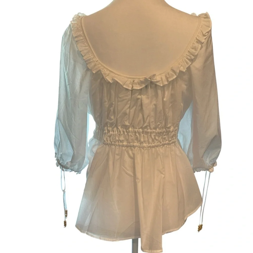 Hale Bob White Puff Sleeve Smocked Peplum Blouse - Picture 3 of 5